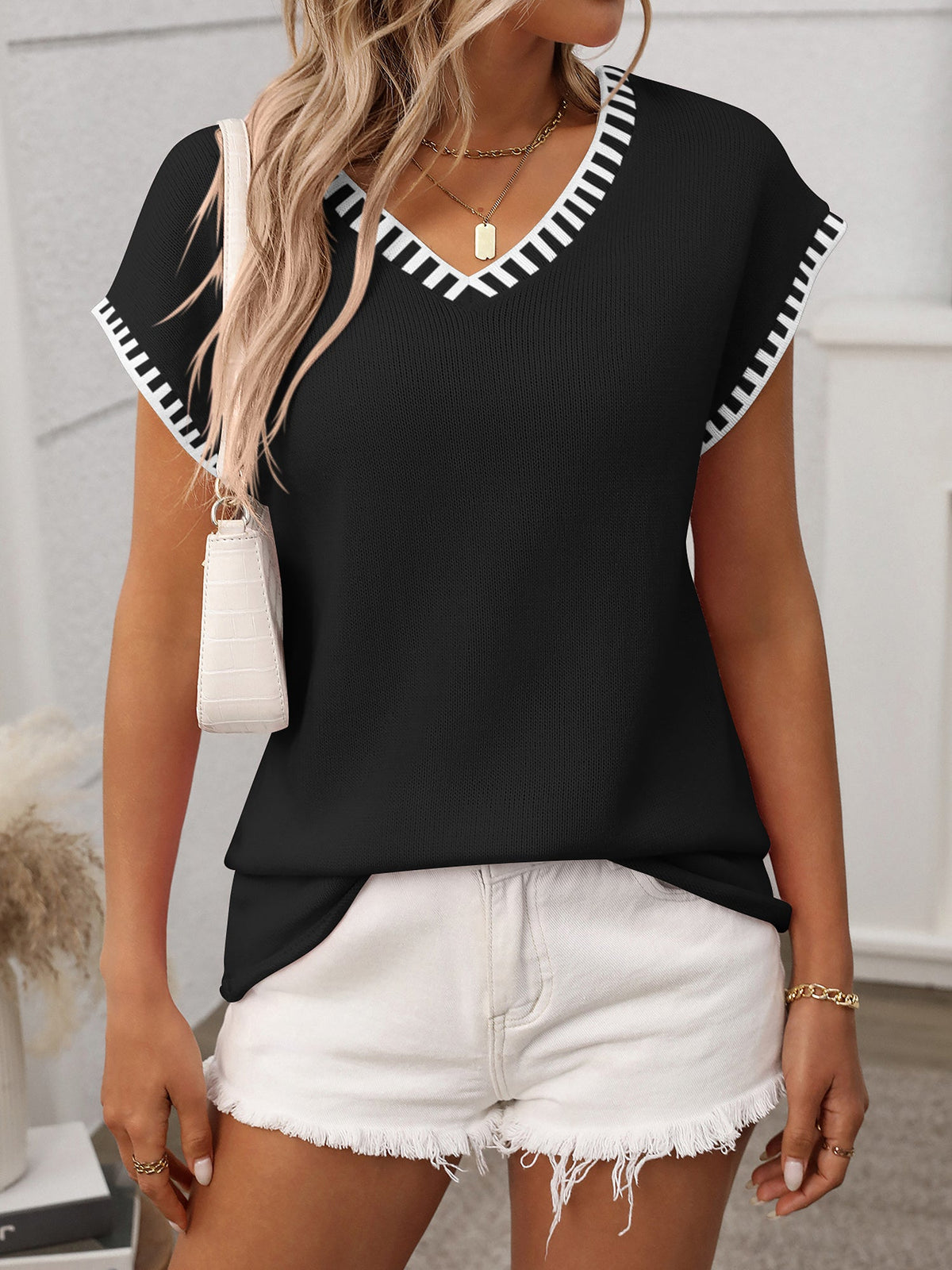 Pullover V Neck Short Sleeves Colorblock Knit Top