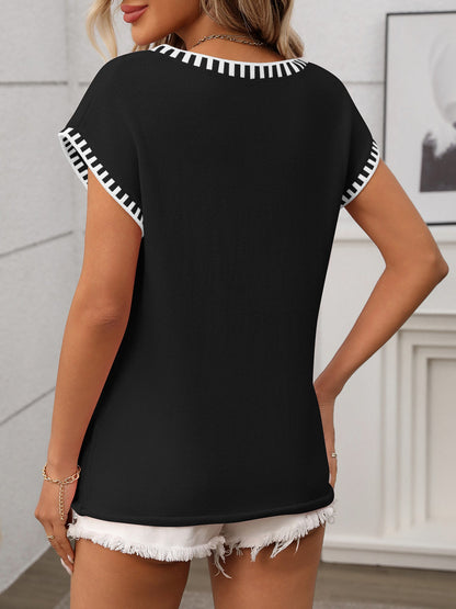 Pullover V Neck Short Sleeves Colorblock Knit Top