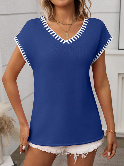 Pullover V Neck Short Sleeves Colorblock Knit Top