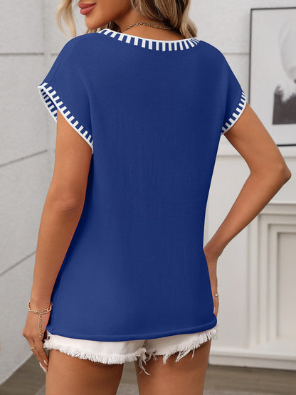 Pullover V Neck Short Sleeves Colorblock Knit Top