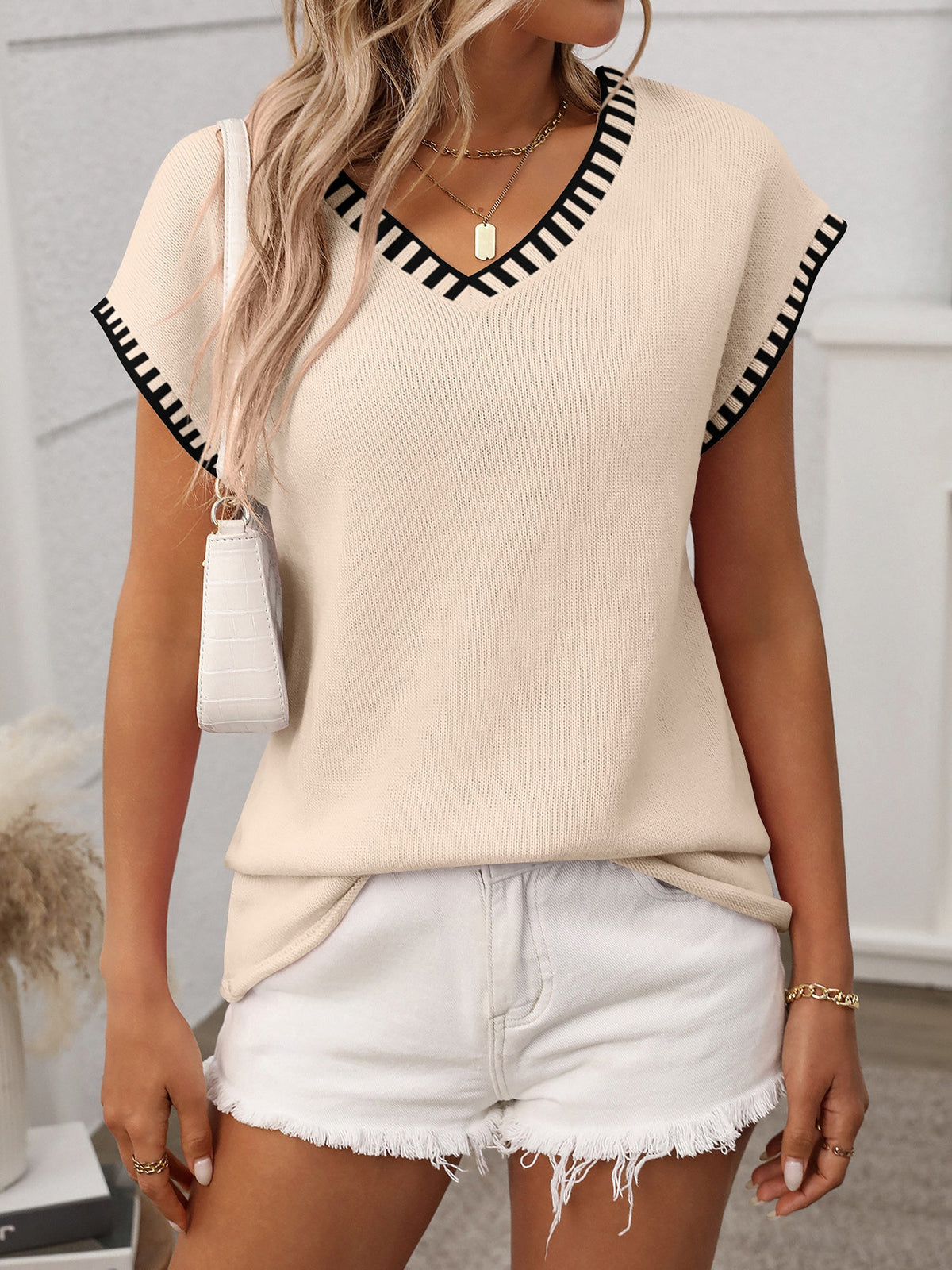 Pullover V Neck Short Sleeves Colorblock Knit Top