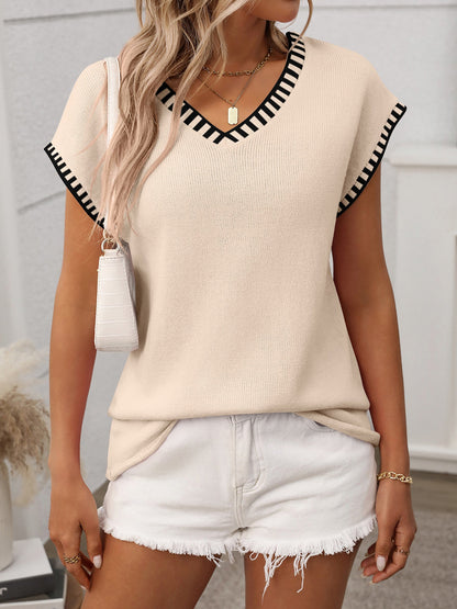 Pullover V Neck Short Sleeves Colorblock Knit Top