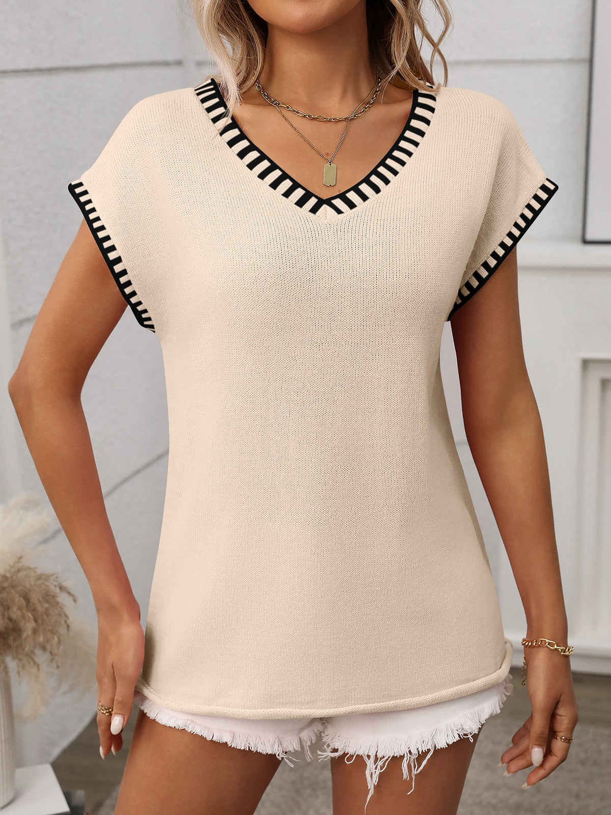Pullover V Neck Short Sleeves Colorblock Knit Top