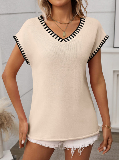 Pullover V Neck Short Sleeves Colorblock Knit Top