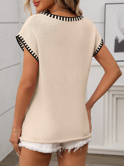 Pullover V Neck Short Sleeves Colorblock Knit Top