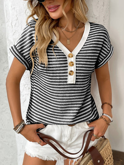 Striped V Neck Button Decor Short Sleeve Knit Top