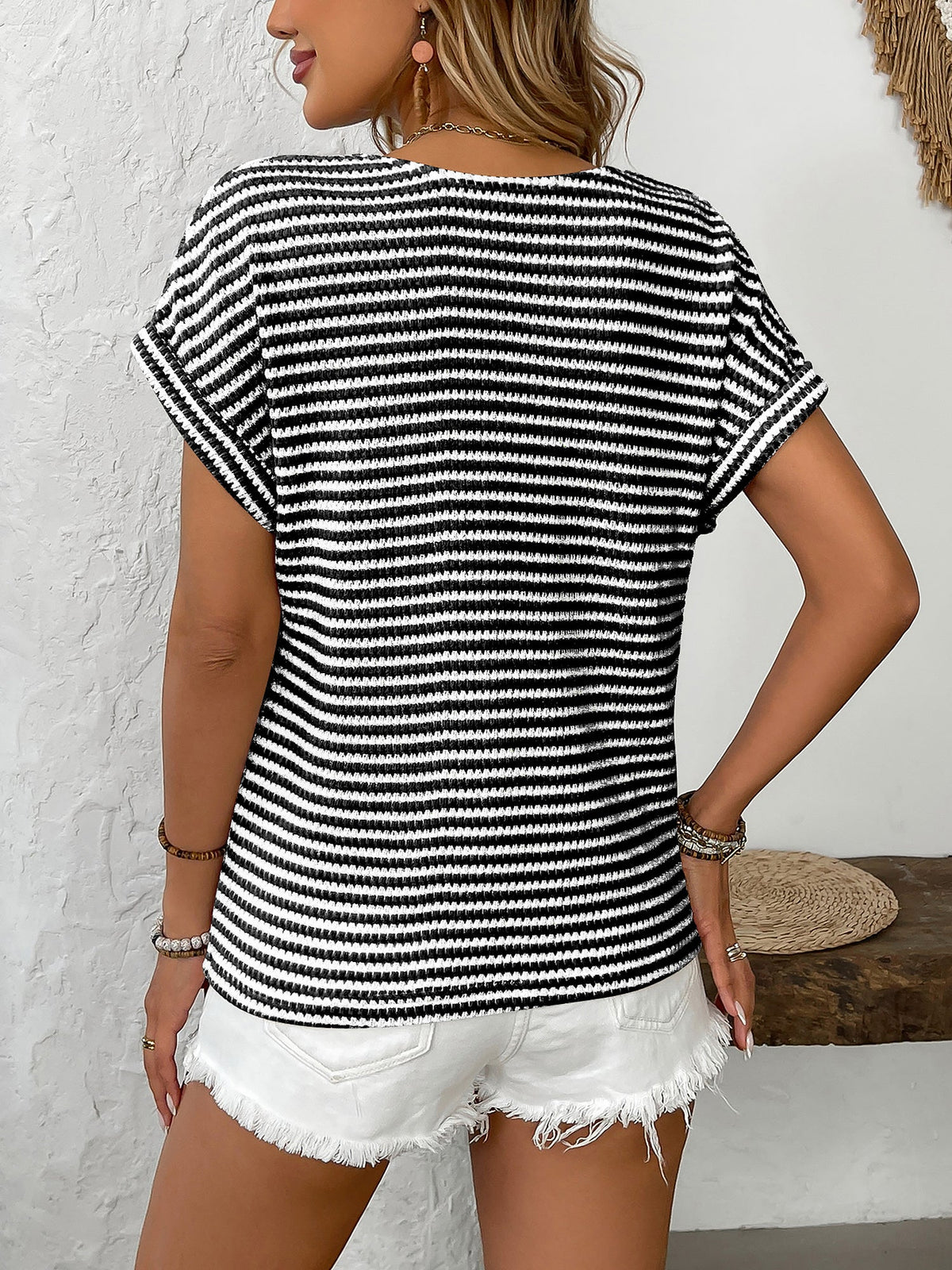 Striped V Neck Button Decor Short Sleeve Knit Top
