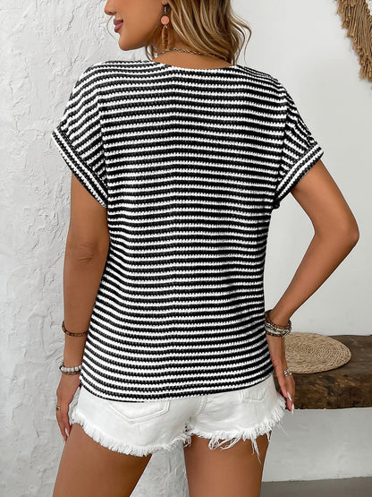 Striped V Neck Button Decor Short Sleeve Knit Top