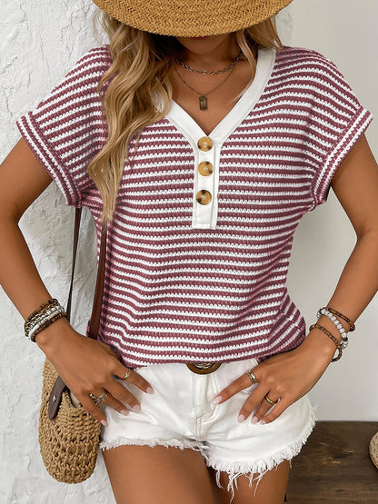 Striped V Neck Button Decor Short Sleeve Knit Top