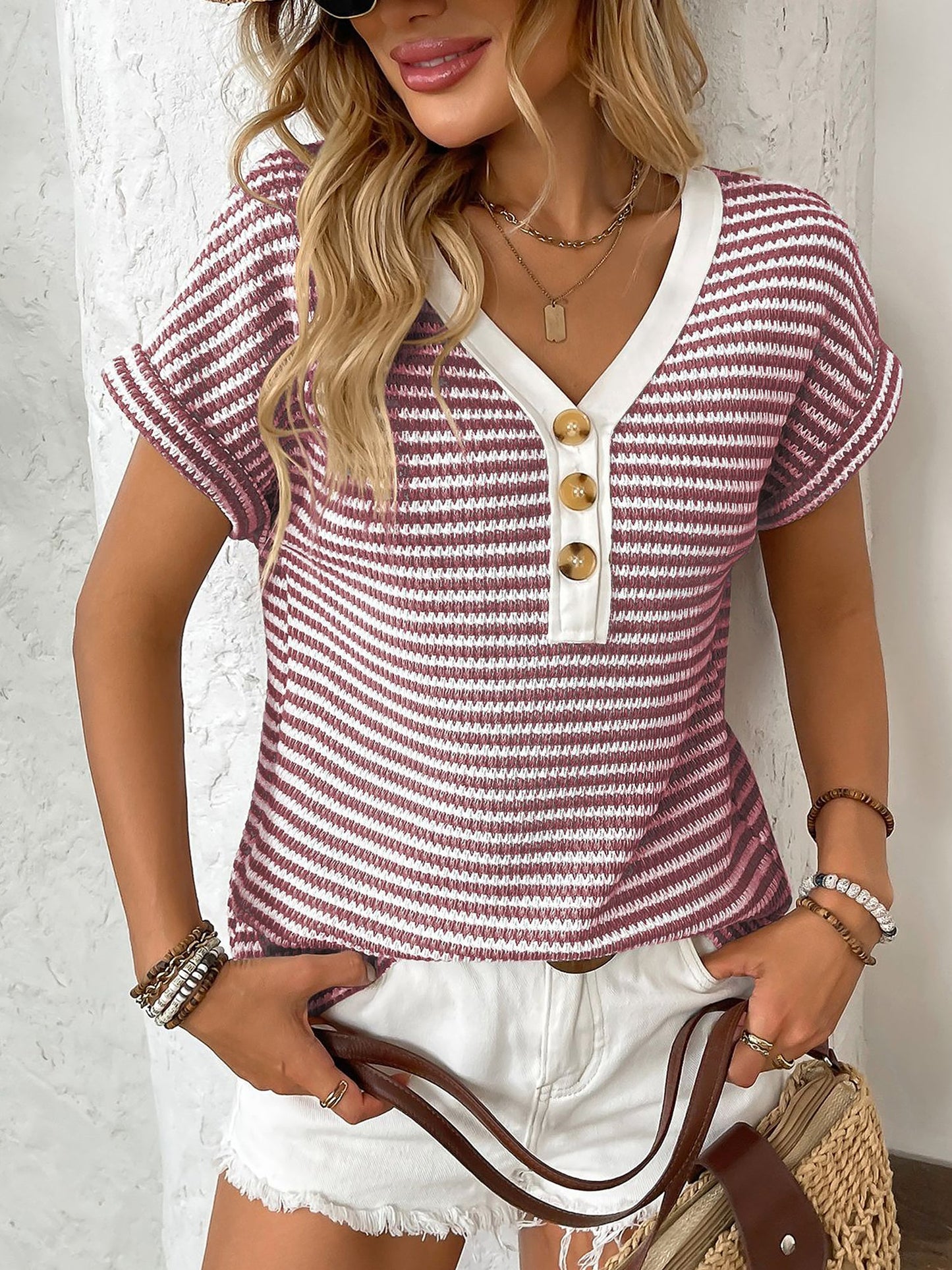 Striped V Neck Button Decor Short Sleeve Knit Top
