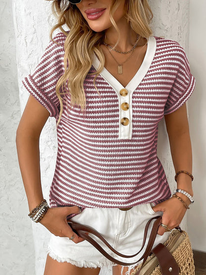 Striped V Neck Button Decor Short Sleeve Knit Top