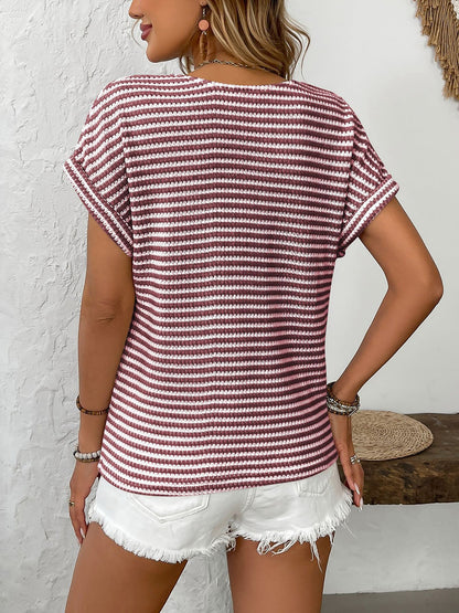 Striped V Neck Button Decor Short Sleeve Knit Top