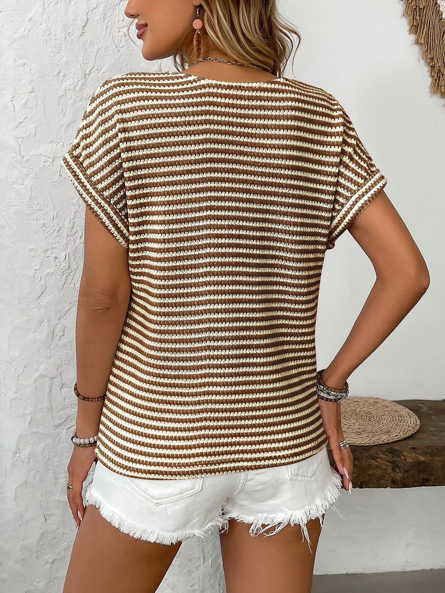 Striped V Neck Button Decor Short Sleeve Knit Top