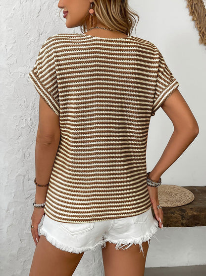 Striped V Neck Button Decor Short Sleeve Knit Top