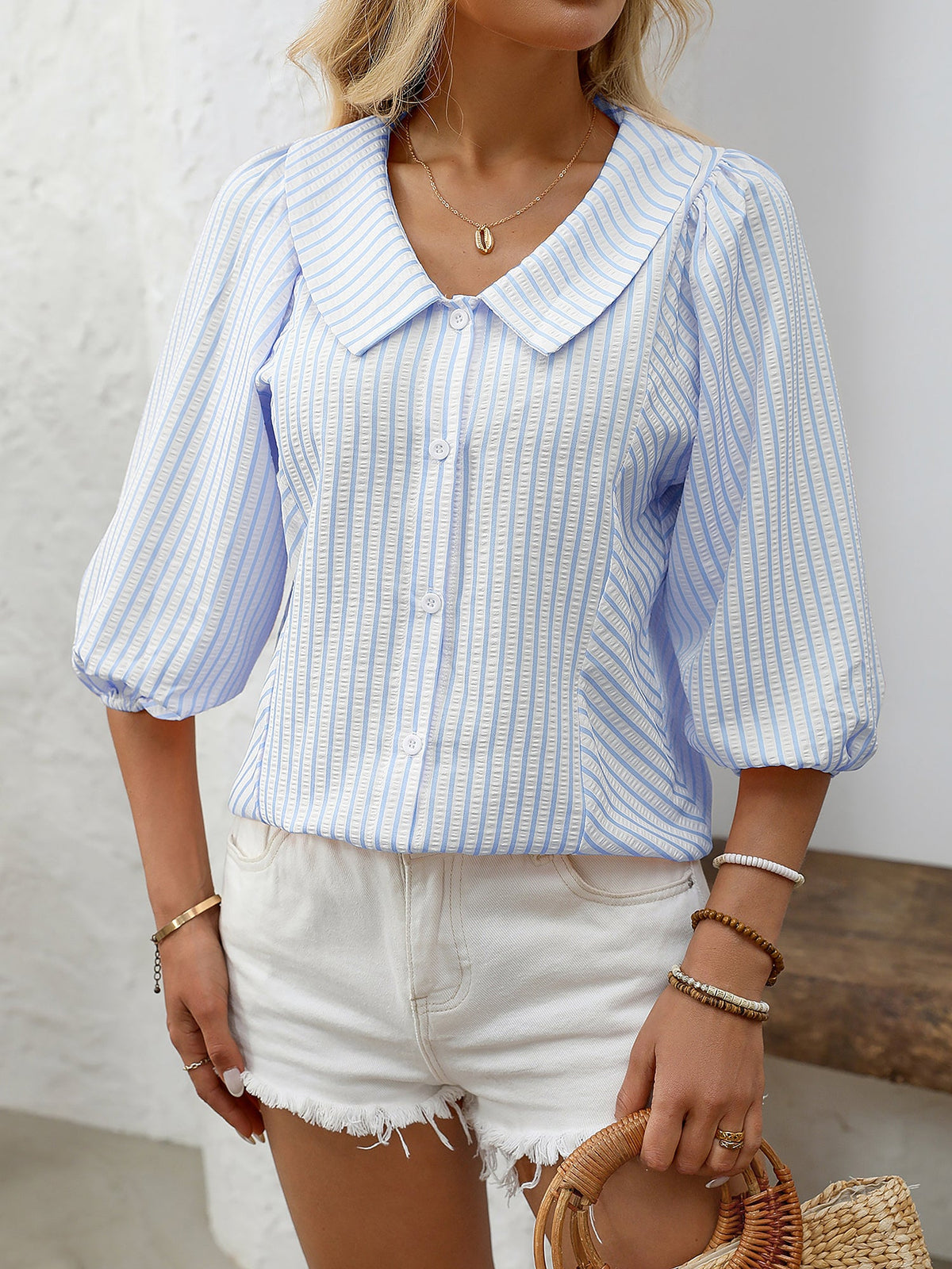 Lapel Puff 3/4 Sleeve Striped Button Down Blouse