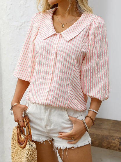 Lapel Puff 3/4 Sleeve Striped Button Down Blouse