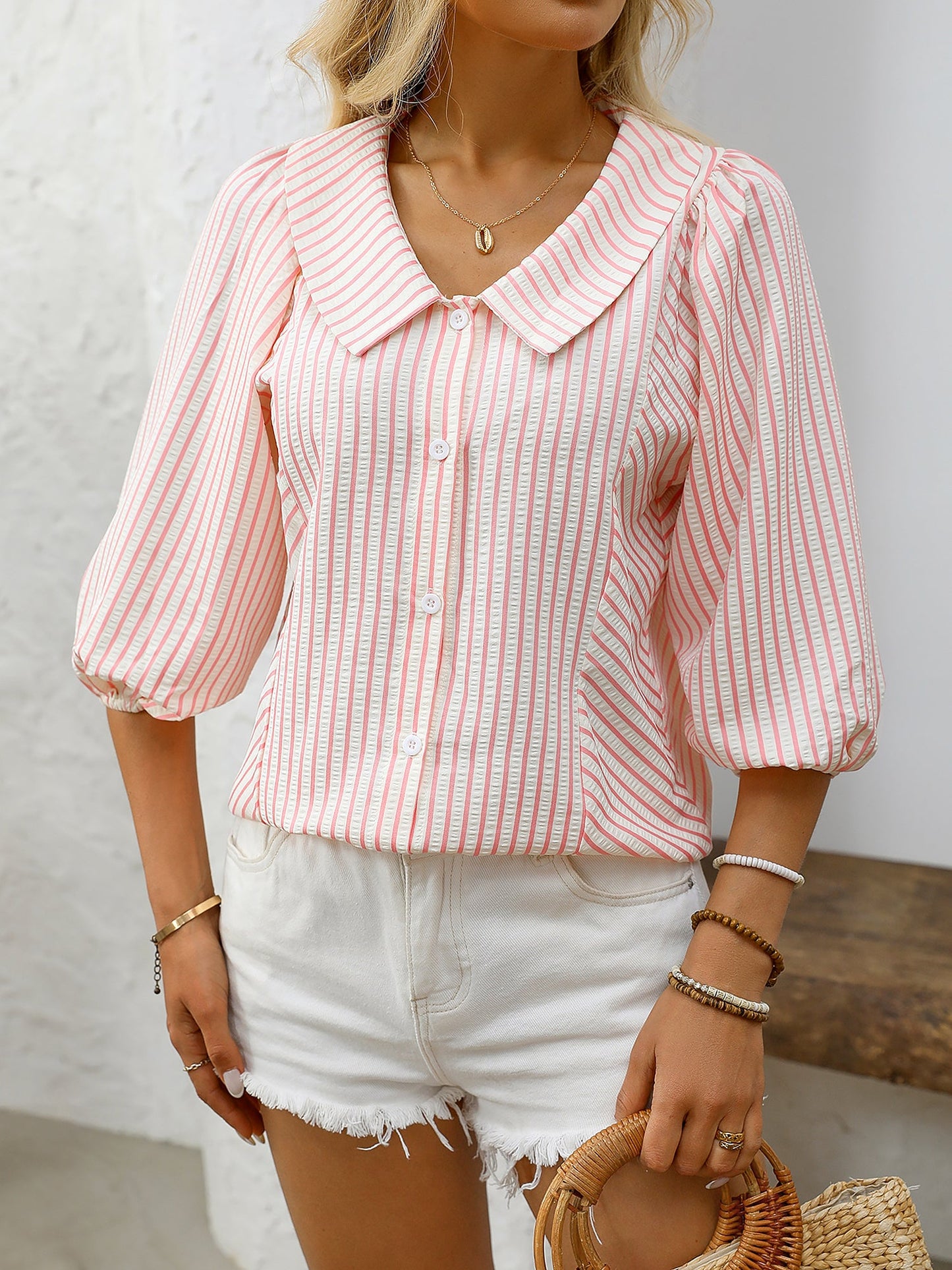 Lapel Puff 3/4 Sleeve Striped Button Down Blouse