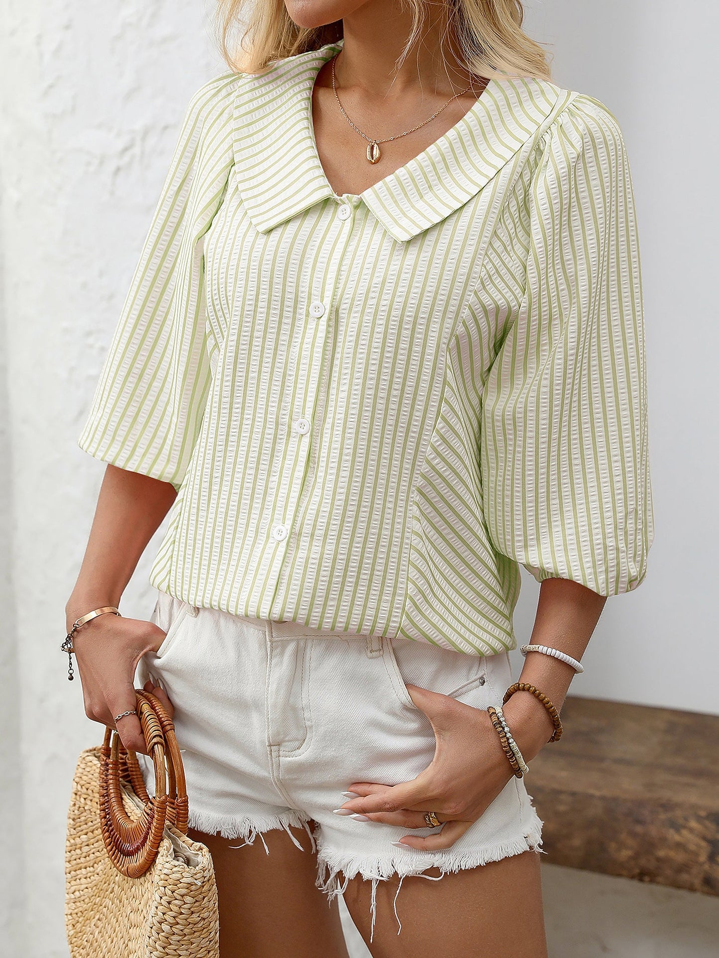 Lapel Puff 3/4 Sleeve Striped Button Down Blouse