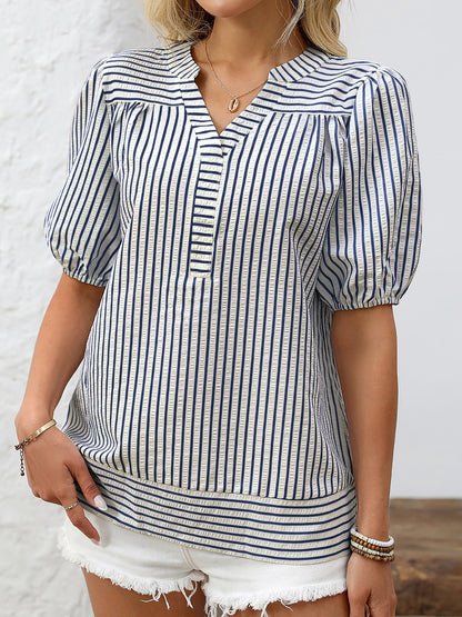 Trendy Notch Collar Neck Puff Sleeves Striped Casual Office Blouse
