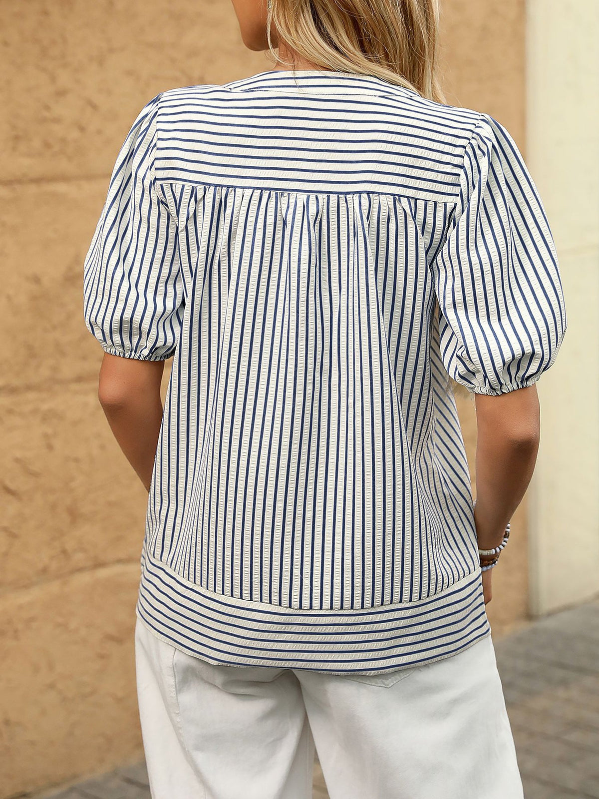 Trendy Notch Collar Neck Puff Sleeves Striped Casual Office Blouse