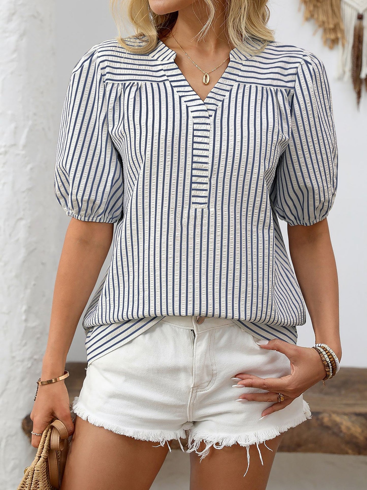 Trendy Notch Collar Neck Puff Sleeves Striped Casual Office Blouse