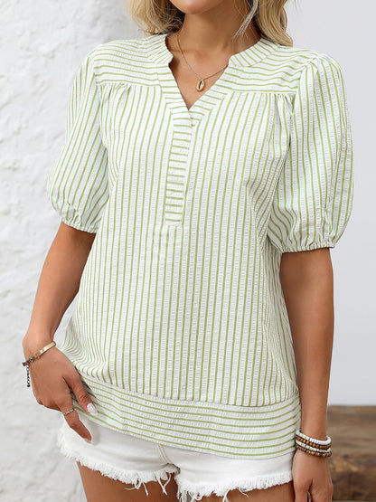 Trendy Notch Collar Neck Puff Sleeves Striped Casual Office Blouse