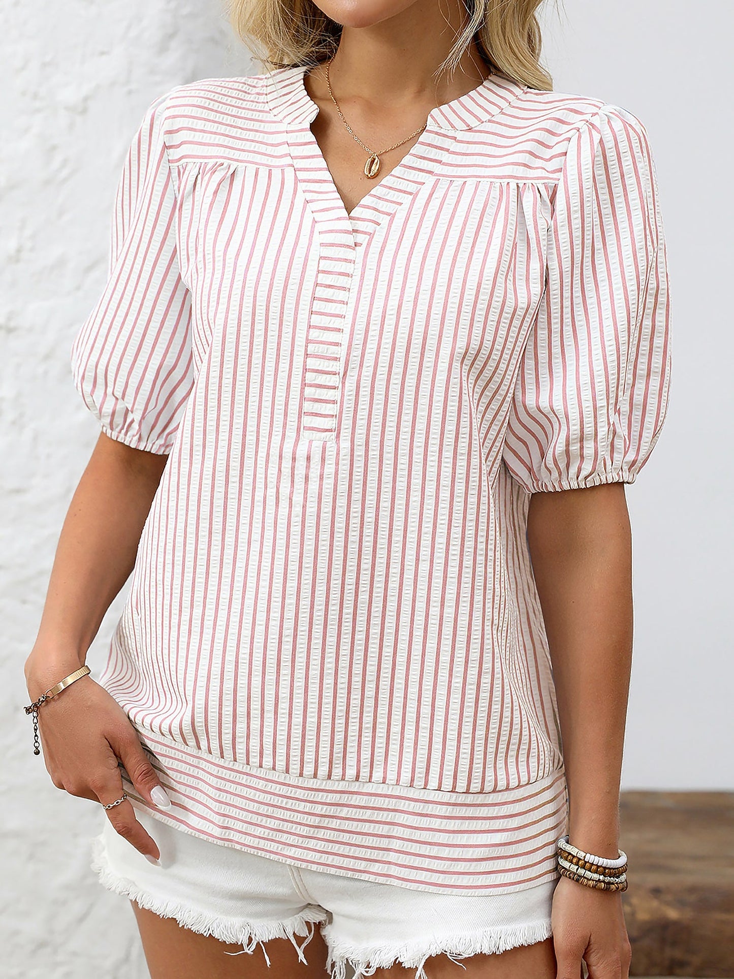 Trendy Notch Collar Neck Puff Sleeves Striped Casual Office Blouse