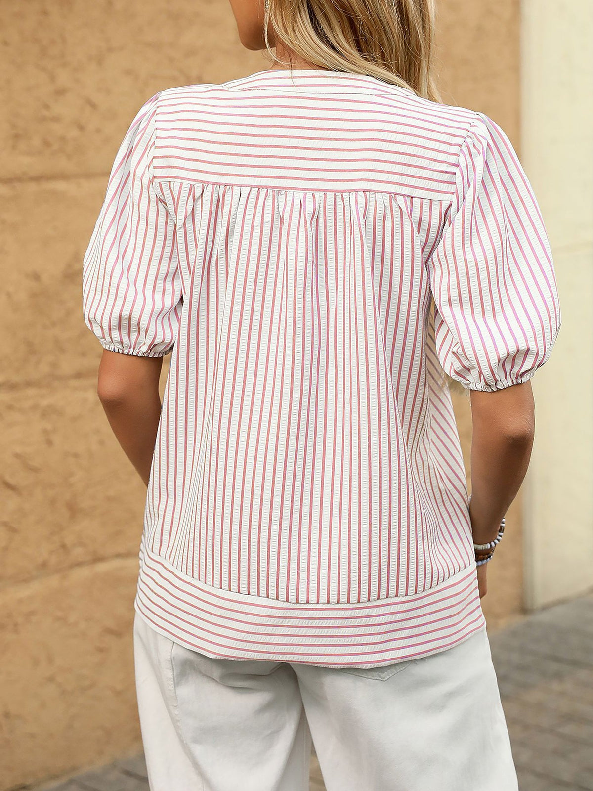 Trendy Notch Collar Neck Puff Sleeves Striped Casual Office Blouse