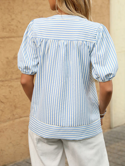 Trendy Notch Collar Neck Puff Sleeves Striped Casual Office Blouse