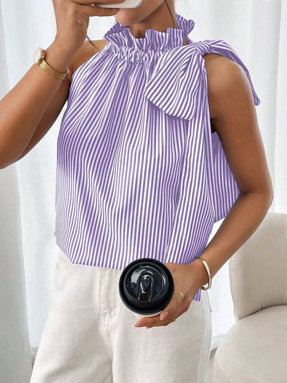 Sleeveless Striped Turtleneck Bow Tie Blouse