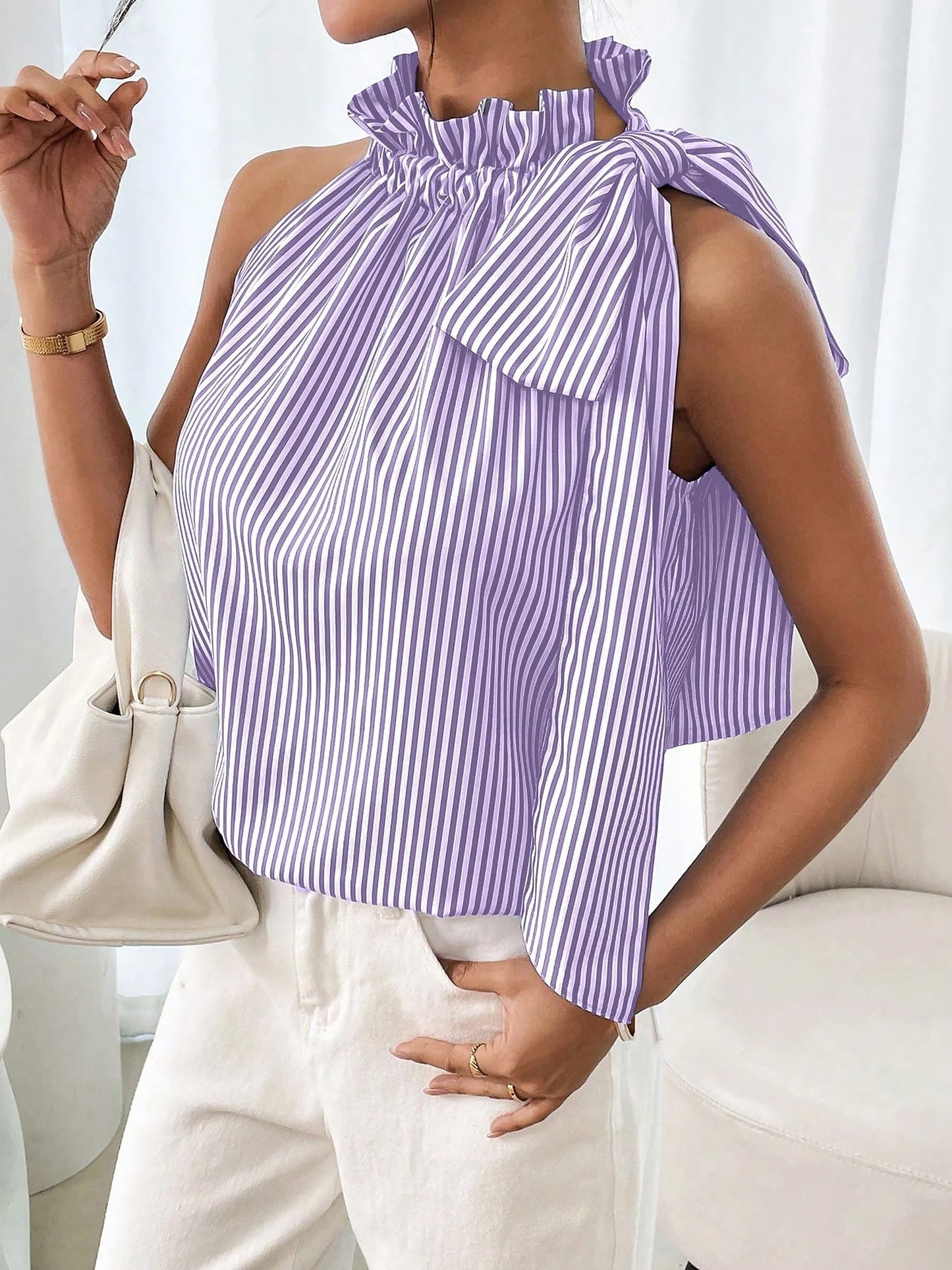 Sleeveless Striped Turtleneck Bow Tie Blouse