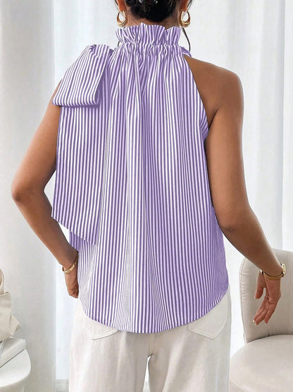 Sleeveless Striped Turtleneck Bow Tie Blouse