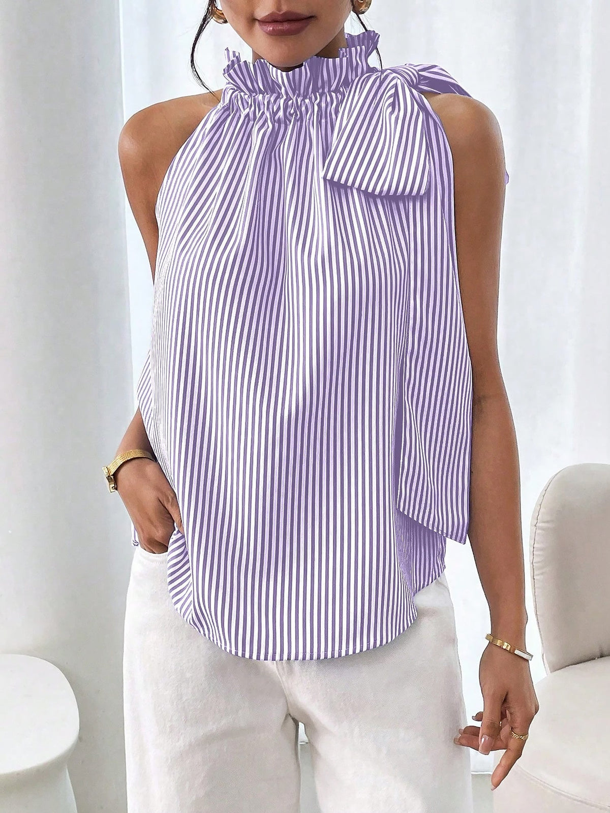 Sleeveless Striped Turtleneck Bow Tie Blouse