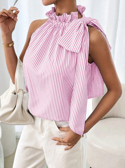 Sleeveless Striped Turtleneck Bow Tie Blouse