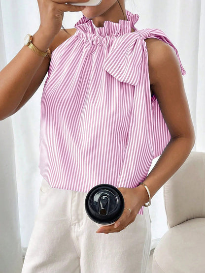 Sleeveless Striped Turtleneck Bow Tie Blouse