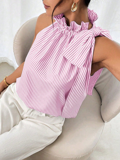 Sleeveless Striped Turtleneck Bow Tie Blouse