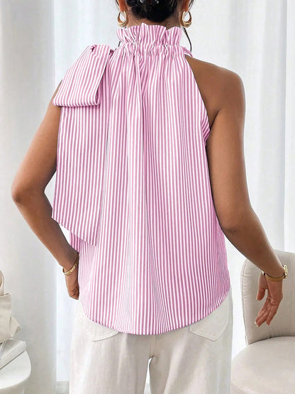 Sleeveless Striped Turtleneck Bow Tie Blouse