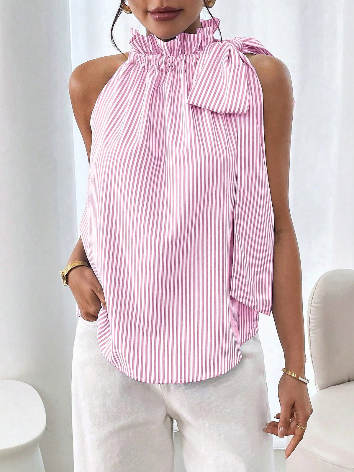 Sleeveless Striped Turtleneck Bow Tie Blouse