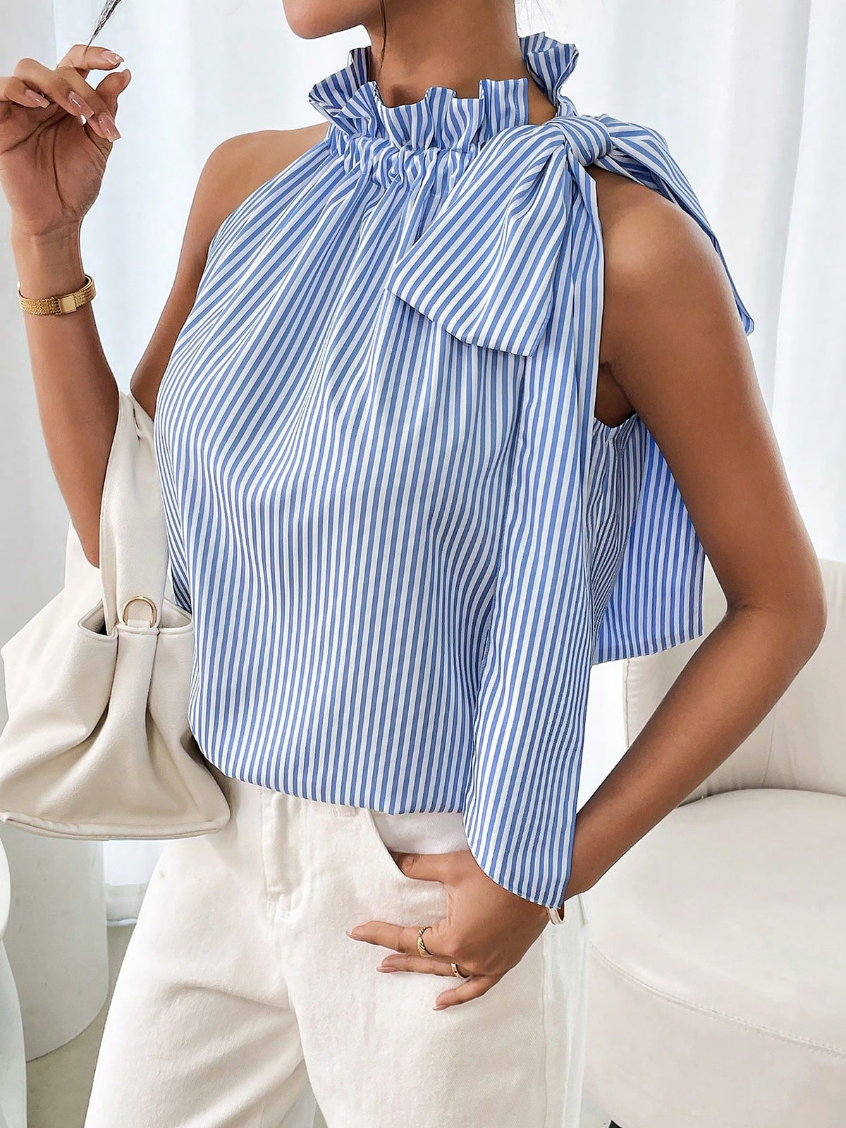 Sleeveless Striped Turtleneck Bow Tie Blouse