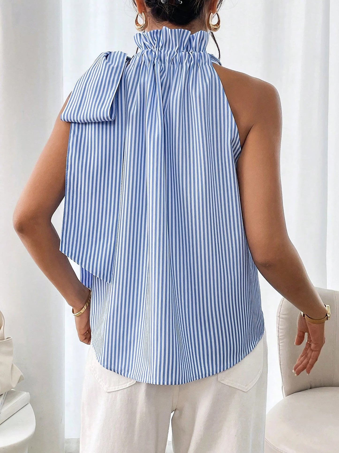 Sleeveless Striped Turtleneck Bow Tie Blouse