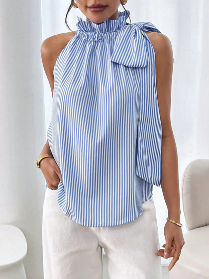 Sleeveless Striped Turtleneck Bow Tie Blouse