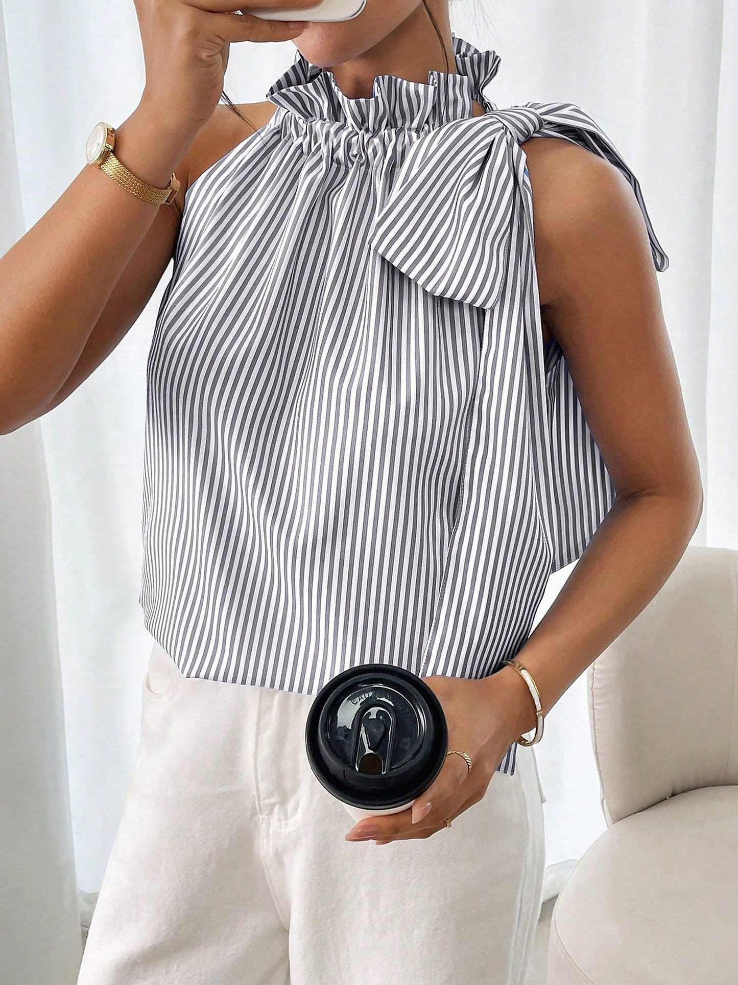Sleeveless Striped Turtleneck Bow Tie Blouse