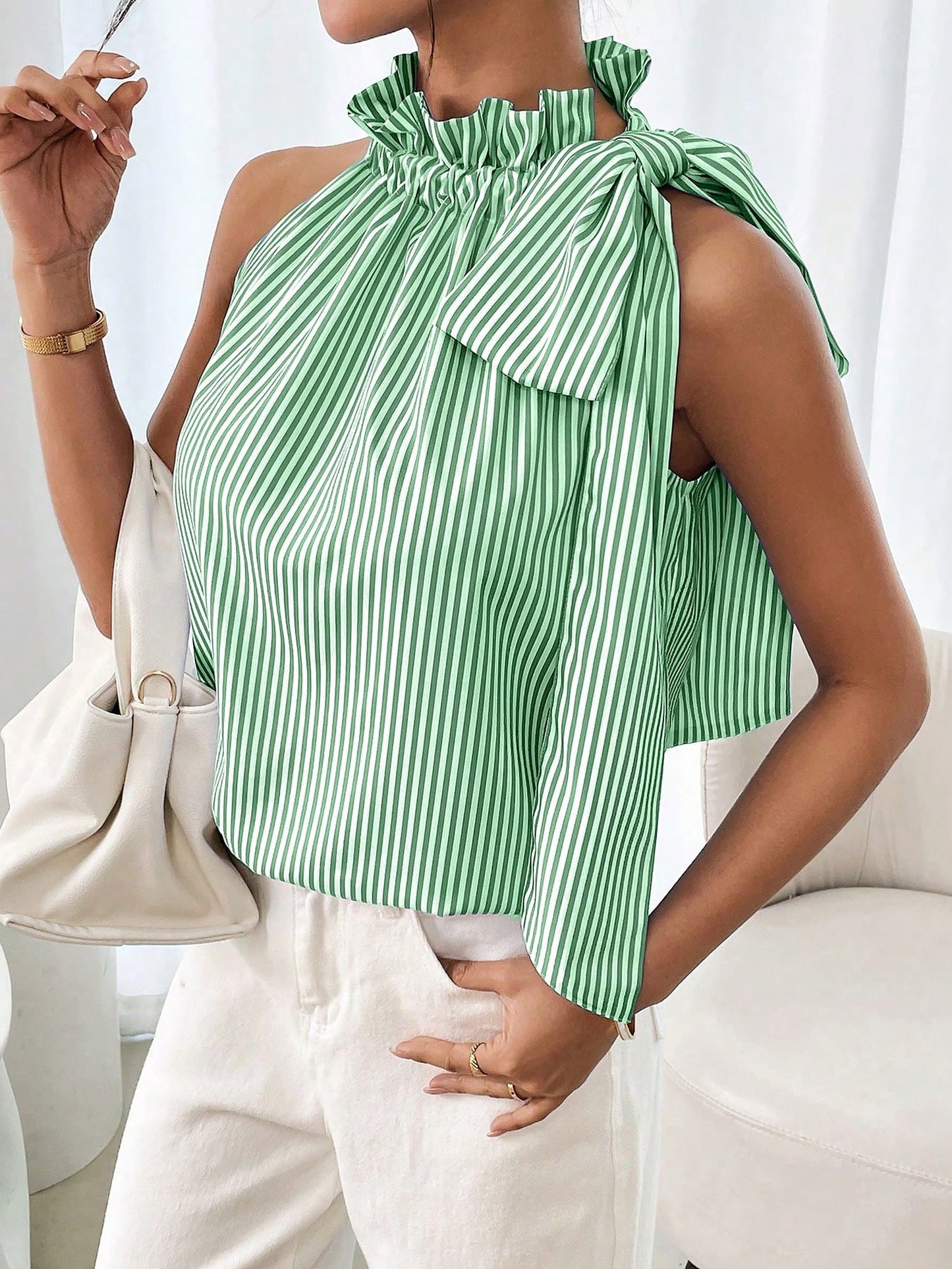Sleeveless Striped Turtleneck Bow Tie Blouse