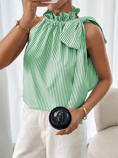 Sleeveless Striped Turtleneck Bow Tie Blouse