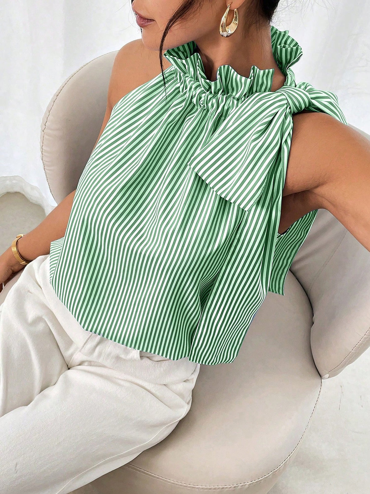 Sleeveless Striped Turtleneck Bow Tie Blouse