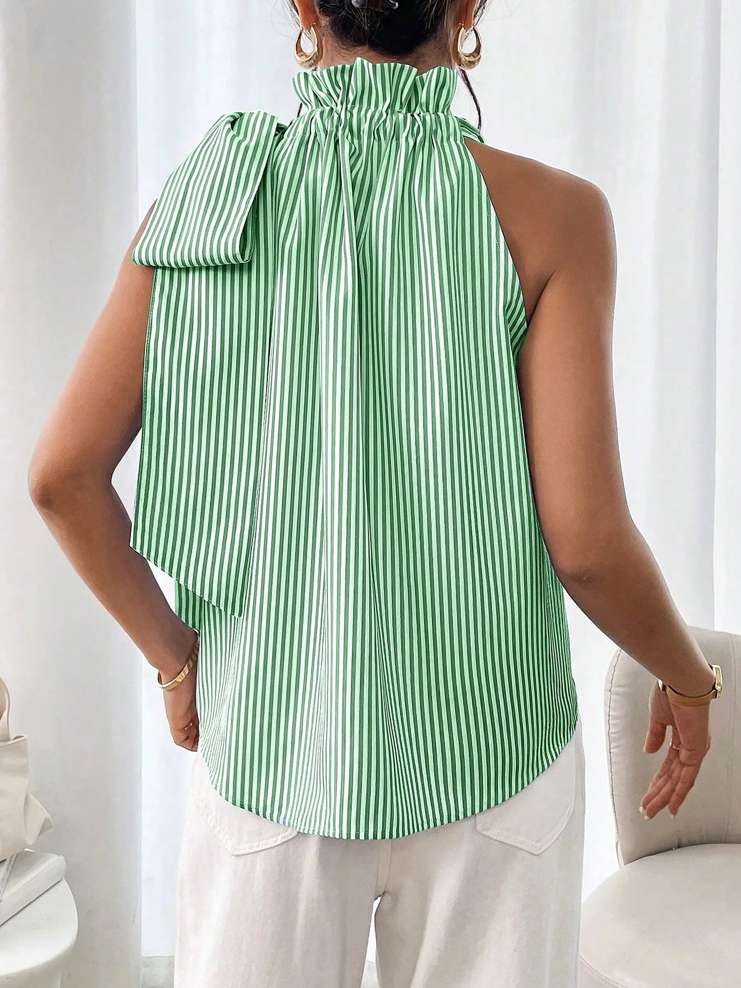 Sleeveless Striped Turtleneck Bow Tie Blouse