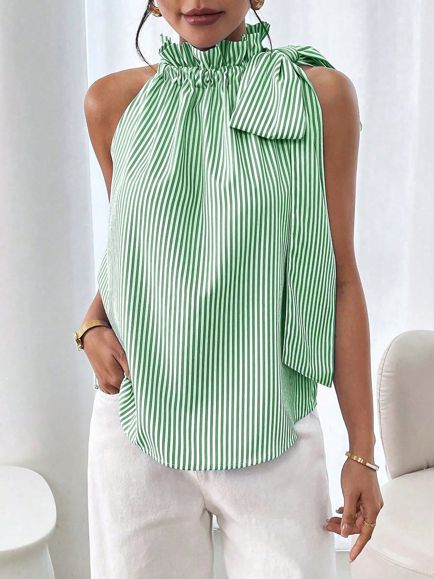 Sleeveless Striped Turtleneck Bow Tie Blouse