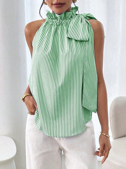 Sleeveless Striped Turtleneck Bow Tie Blouse