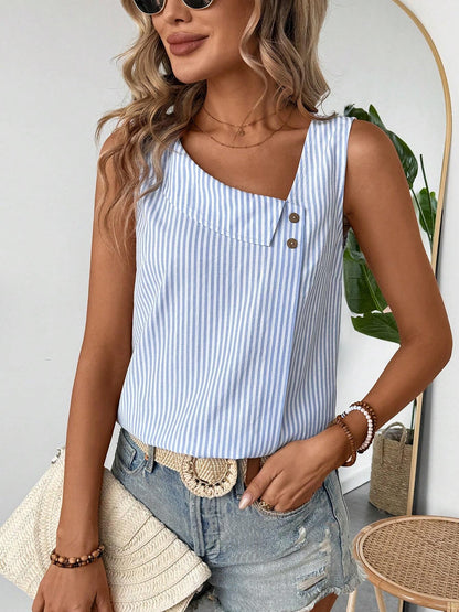 Sleeveless Striped Irregular Neck Button Decor Blouse