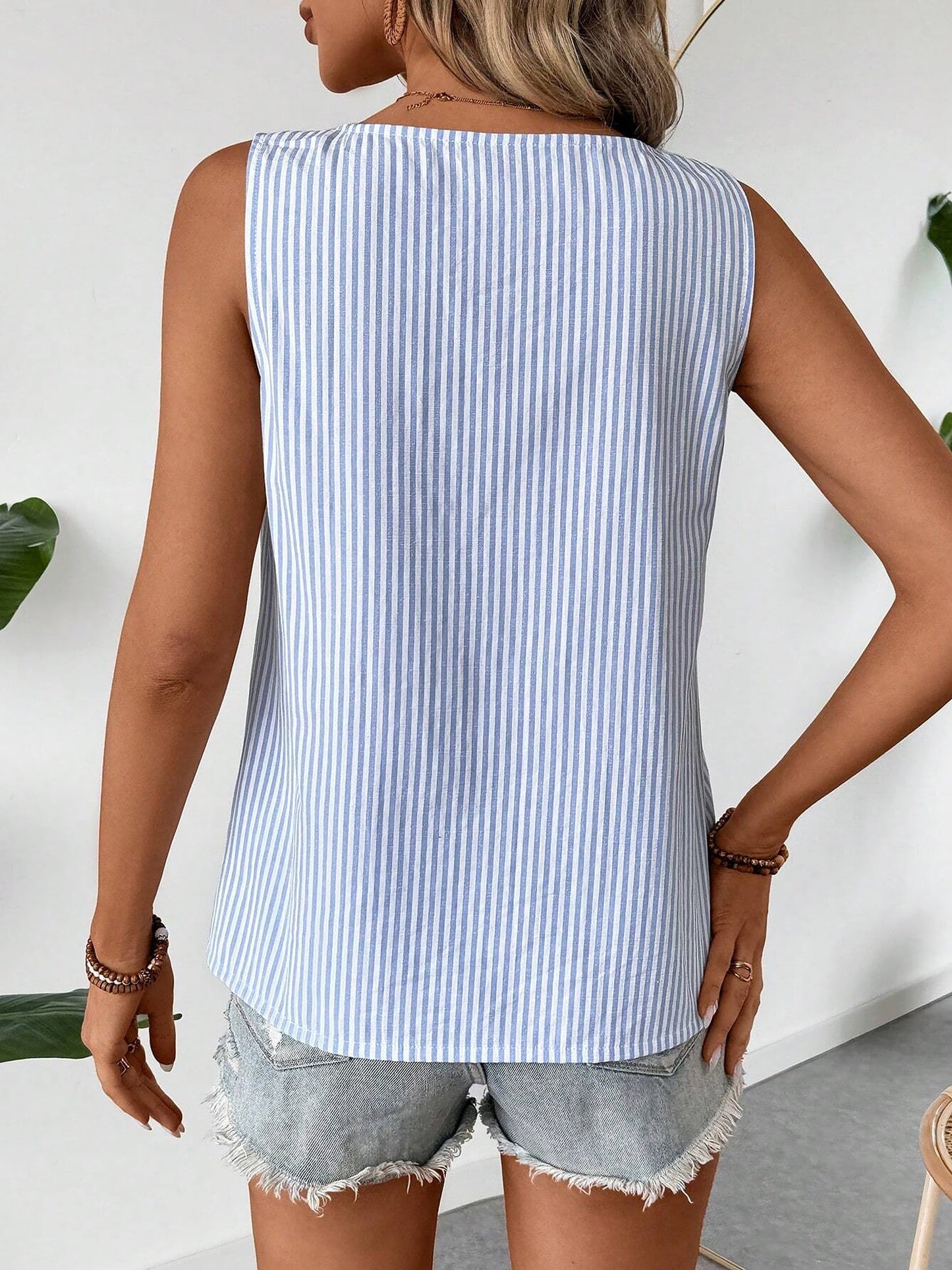 Sleeveless Striped Irregular Neck Button Decor Blouse